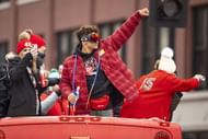 Patrick Mahomes celebrates at Kansas City Chiefs' victory parade